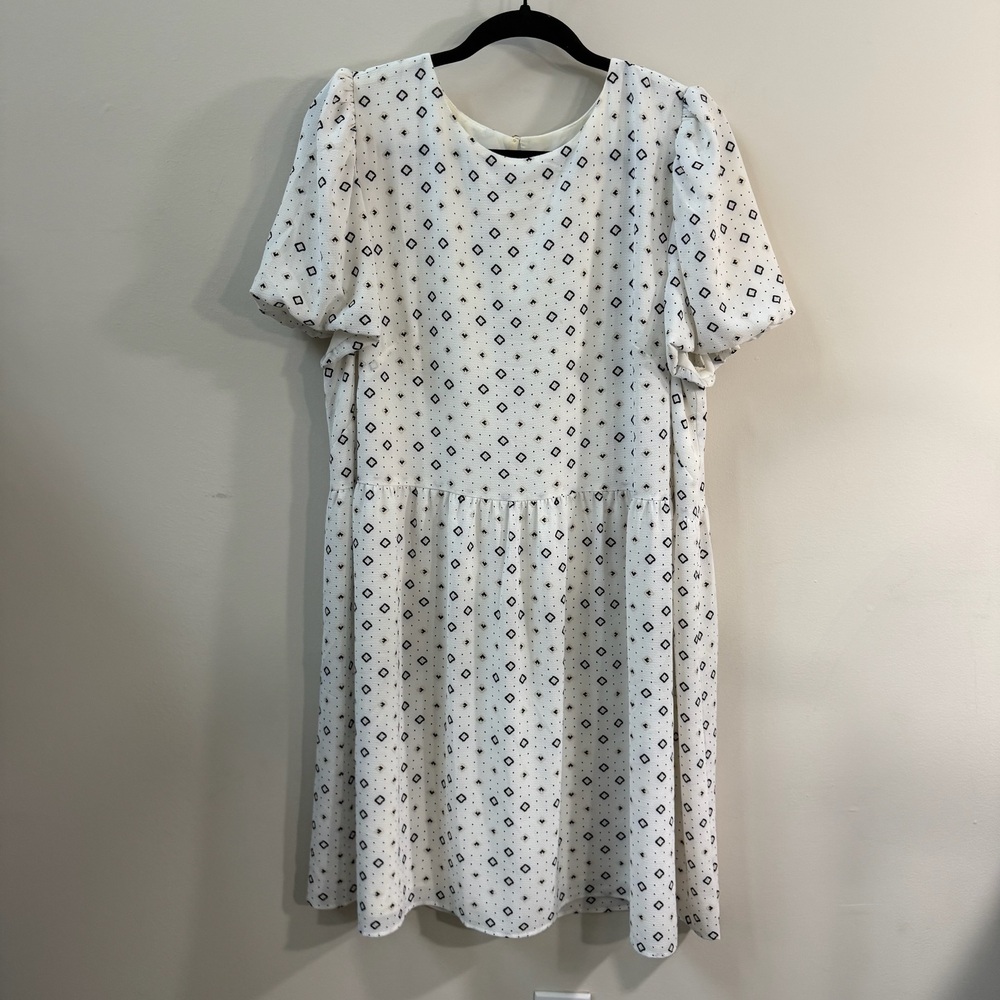 LOFT White Black Geometric Print Shift Dress Size 16